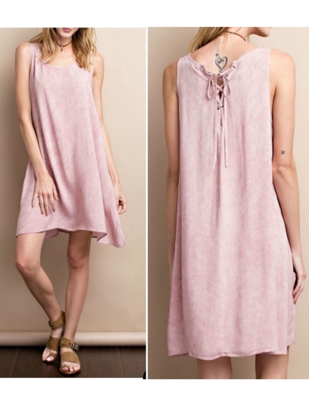 EASEL Lace-Up Back Mineral Wash Dress M